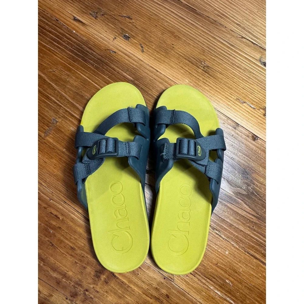 Chaco Chillos Slide Sandals Kids Boys Girls Sz 5 Green Yellow Adjustable Straps